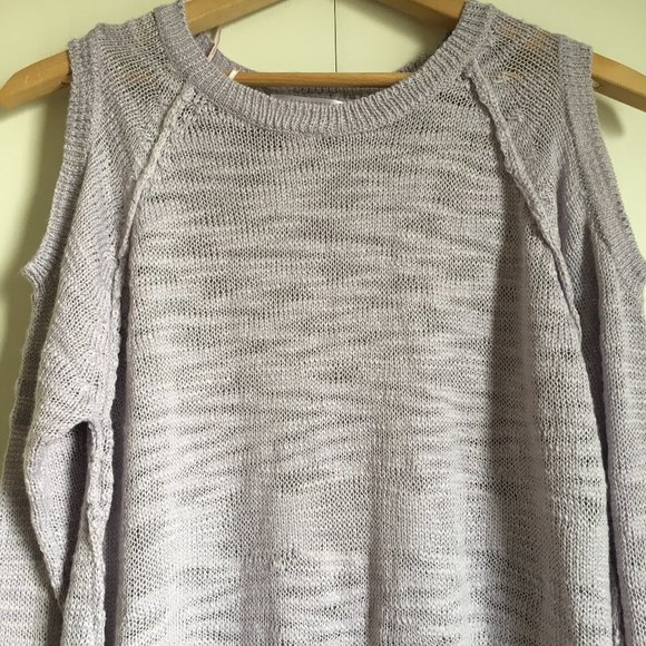 Pastel Purple Fringed Cold Shoulder Knit Sweater - Picture 3 of 15